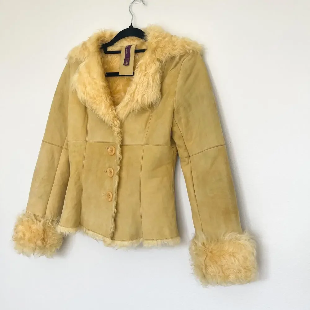 New Label SheepSkin Cream Yellow Leather Button Up shearling Jacket